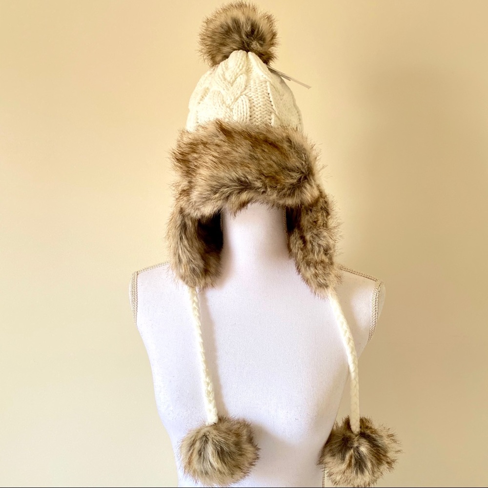 Ivory Winter Cable Knit Faux Fur Earflap Beanie